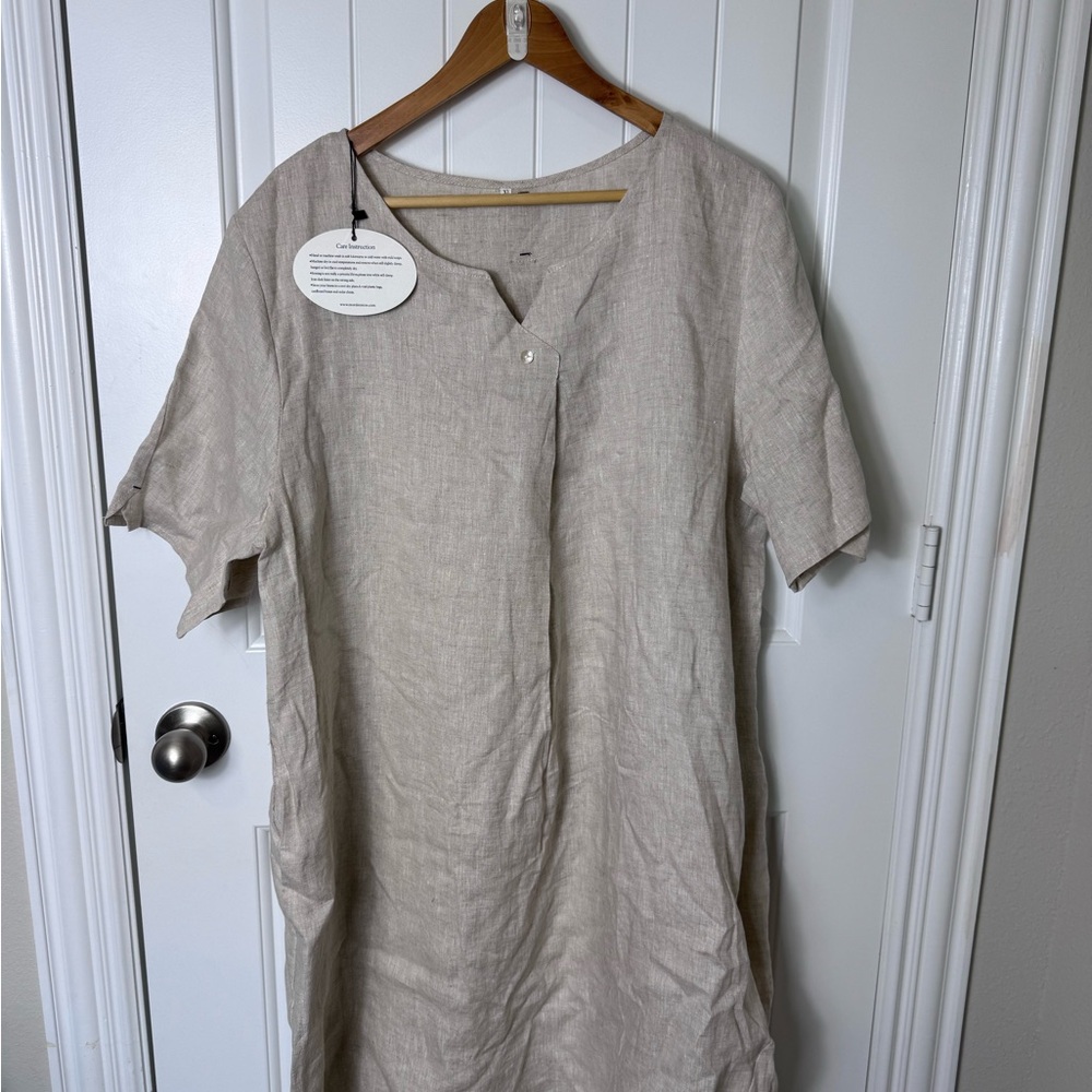 Tan Midi Dress with Relaxed Fit and Rounded Neckline